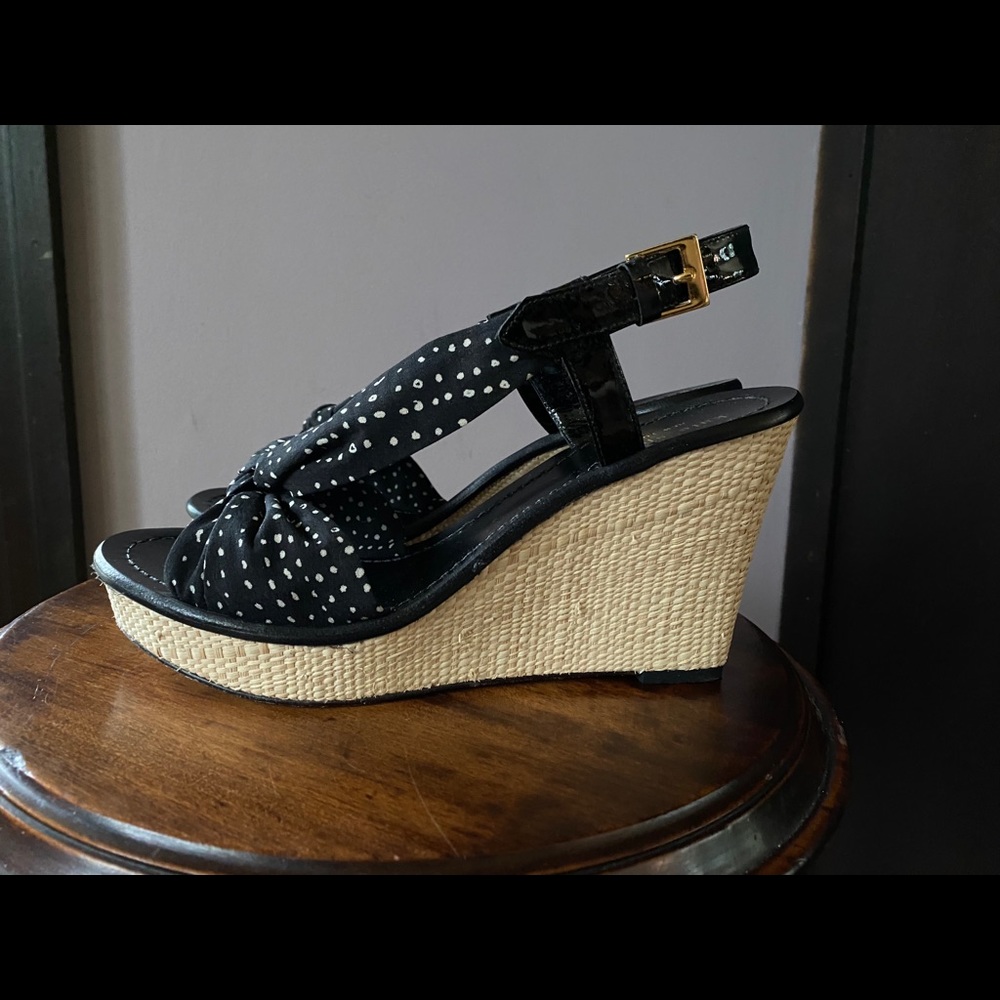 Black Polka Dot Wedge Sandals with Raffia Platform